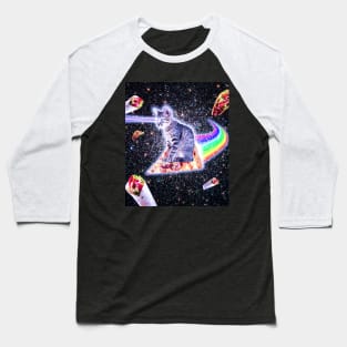 Laser Eyes Space Cat Riding Rainbow Pizza Baseball T-Shirt